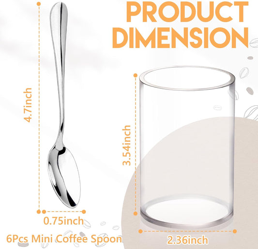 6 Pcs Mini Coffee Spoons with Holder 4.7 inch Demitasse Espresso Stainless Steel Spoons Silver with Acrylic Cylinder Holder for Coffee Bar Home Tea Party (6)