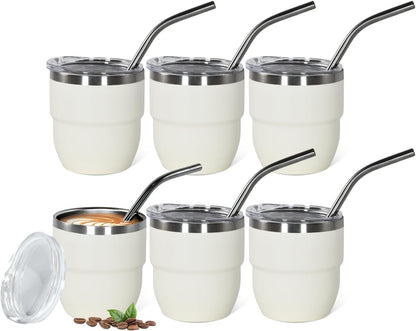 4oz Stackable Cup, Vacuum Insulated Espresso Cup Set of 6, Espresso Shot Glass for Coffee, Double Wall Stainless Steel Mini Tumbler Shot Glasses with Straw and Lid (A-white6P, 4oz)