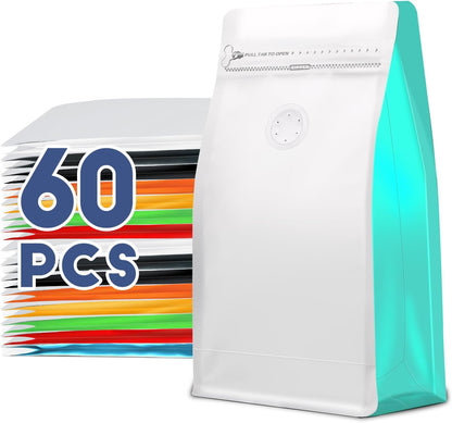 Coffee Bags with Valve(60pcs,8 oz,1/2 lb) Vented Coffee Beans Packaging Bags High Barrier Aluminumed Foil Flat Bottom Heat Sealed Side Zipper Resealable Storage Bag for Home or Business（White+Blue）