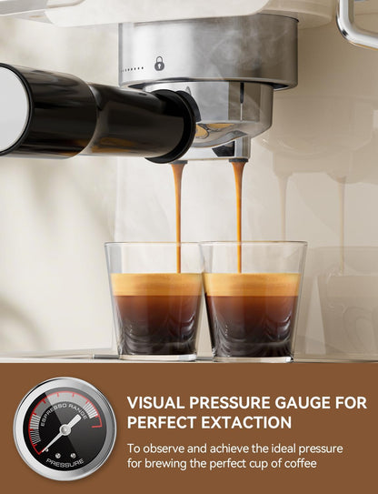 Espresso Machine 20 Bar, Professional Espresso Maker with Milk Frother Steamer Wand, Espresso Coffee Machine Off-white, Cappuccino & Latte Machine for Home, Retro, 1.8L Removable Water Tank