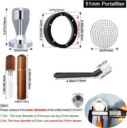 51mm Espresso Tamper Set, 5PCS Coffee Tamper Kit with WDT Tool, Coffee Stirrer, Dosing Funnel, Puck Screen 51mm Espresso Accessories Tampers Kit (Silver)