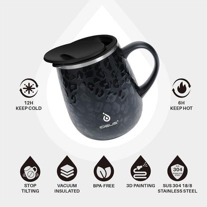 Ideus 16 oz (470 ml) Insulated Coffee Mug with Handle and Lid, Double Wall Stainless Steel Vacuum Thermal Coffee Mug, Travel Coffee Cup Thermal Cup for Home and Office, Leopard Black
