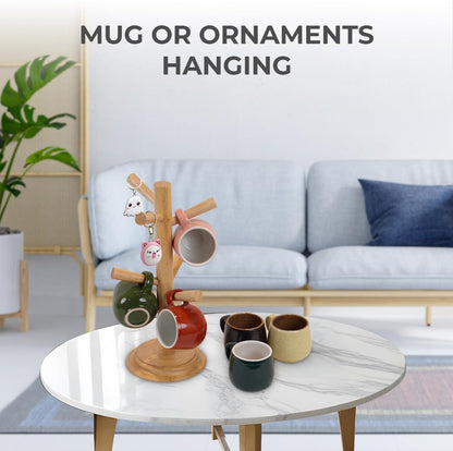 Pack 2 Mug Tree 6 Hooks Rubberwood 13.5"x7"x7", Strudy & Thick Base, Large & Small Cup Holder Tree Wooden for Jewelry, Kitchen Tools, Pantry, Ornaments, Countertop, Table Organizer (Brown)