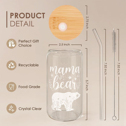 Mom Gifts - Mama Bear 16 Oz Can Glass Tumbler with Bamboo Lid and Straw - Iced Coffee Cups for Women, Aesthetic Glass Cup Gift for Birthday Christmas Mother's Day