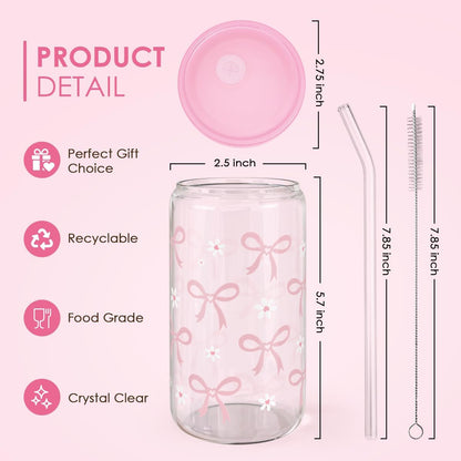 SANDJEST Bow Glass Can, Bows Cup with Lid & Straw, Iced Coffee Aesthetic Cups, Idea Gift for Christmas Birthday Mother Day, Gifts for Women, 16oz