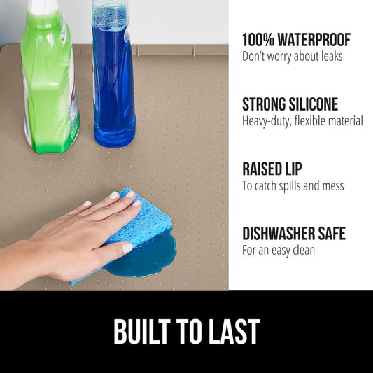 GORILLA GRIP Waterproof Silicone Under Sink Mat with Raised Lip for Kitchen and Bathroom, 28 x 22 in, Cabinet Shelf Liner Stay in Place Mats Dishwasher Safe Drawer Liner, Organizer Tray, Beige
