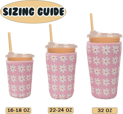 Reusable Insulated Neoprene Iced Coffee Cup Sleeve, Durable Drink Sleeve for Cold Beverages, Beverage Holder for Iced Coffee, Pink Daisies