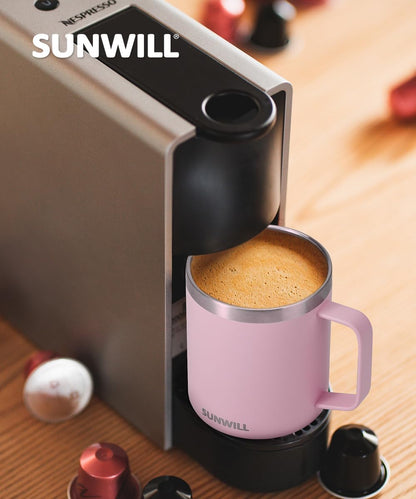 SUNWILL Insulated Coffee Mug with Lid, Travel Tumbler Reusable, 14 oz Stainless Steel Cup for Camping, Office, Home, Powder Coated Sakura