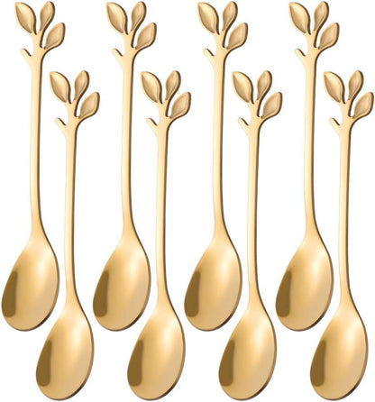 AnSaw 8-Pack Elegant Gold Leaf 4.7" Espresso Spoons - Stainless Steel, Perfect for Coffee, Demitasse, Dessert & Tea, Mini Size for Small Servings