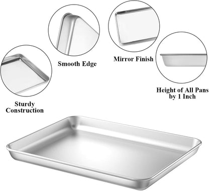 Baking Sheet with Rack Set [2 Pans + 2 Racks], Wildone Stainless Steel Cookie Sheet Baking Pan Tray with Cooling Rack, Size 9 x 7 x 1 Inch, Non Toxic & Heavy Duty & Easy Clean