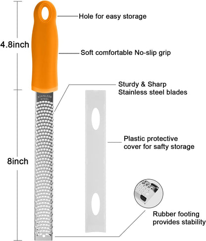 Lemon Zester, Stainless Steel Kitchen Cheese Grater, Plastic Cover Ergonomic Soft Orange Handle