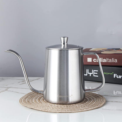 Easyworkz Gage Gooseneck Pour Over Coffee Kettle 20 oz with Thermometer Stainless Steel Hand Drip Coffee Pot With Long Narrow Spout, Silver