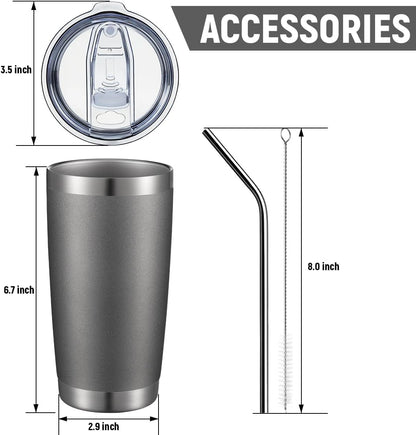 COMOOO 20oz Double Wall Vacuum Insulated Travel Mug, Stainless Steel Tumbler with Lid and Straw Durable Powder Coated Insulated Coffee Cup for Cold & Hot Drinks (Grey. 2 pack