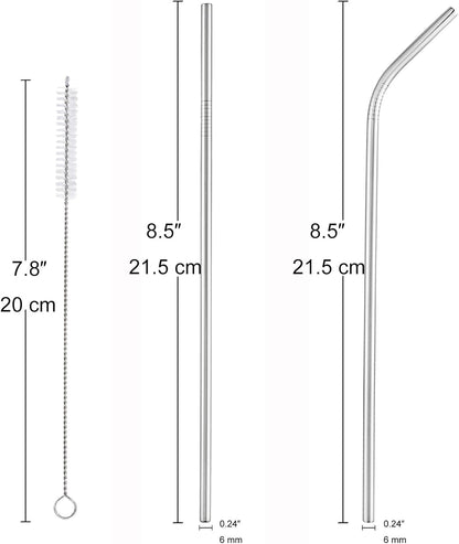 dcieiosul Set of 6 Reusable Metal Straws, 8.5'' Long Stainless Steel Straw with Cleaning Brushes and Case, Drinking for 20 oz Tumblers.