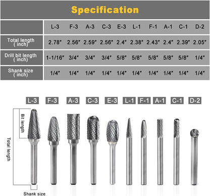 Carbide Burrs Set 10pcs Double Cut Solid Carbide Rotary Burr Set 1/4" Shank Die Grinder Bits for Steel,Metal Carving, Polishing,Engraving,Drilling
