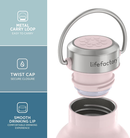 Lifefactory Stainless Steel Vacuum-Insulated Sport Bottle, 16 Ounce, Desert Rose