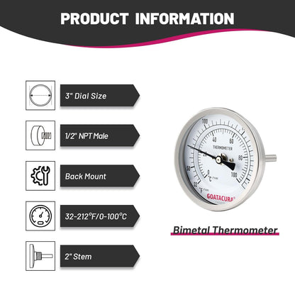 Dial Thermometer for Brewing, 304 Stainless Steel Case and Probe, 3" Dial Size, 2" Stem Length, 32-212 Deg F/0-100 Deg C, 1/2" NPT Back Mount