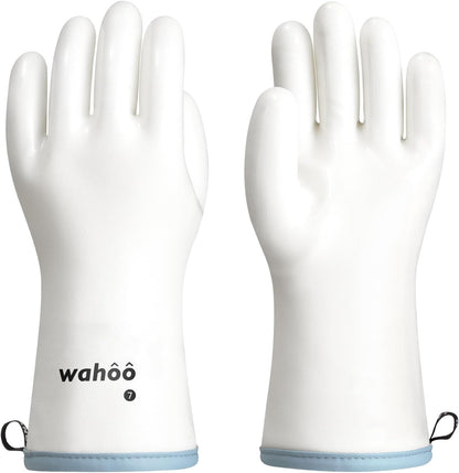 wahoo Professional Liquid Silicone Oven Mitts Gloves, Heat Resistant Gloves for Cooking, Baking, CoralAir Liner, 12 Inch, White, Large