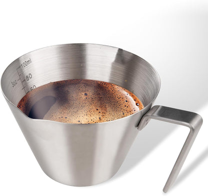 YARRAMATE Espresso Cup with Handle, Stainless Steel Espresso Accessories, Double Spout Metal Measuring Cup with Dual Scale, Espresso Shot pitcher with V-Shaped Mouth, 3.4OZ/100ML