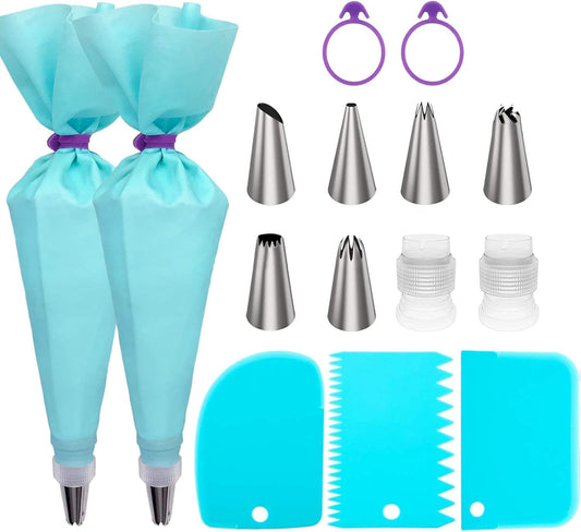 Piping Bags and Tips Set, 16" Reusable Piping Bags, Frosting Piping Kit for Baking with Pastry Bags and Tips, Standard Converters, Silicone Rings, Cake