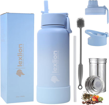 Lexlion 32 Oz Triple Walled Insulated Stainless Steel Fruit Infuser Bottle - Tea Infuser Water Bottle with 3 Lids, Silicone Sleeve, Leakproof, Metal Mug Gallon