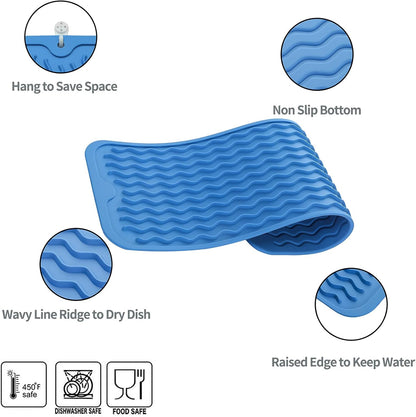 Silicone Dish Drying Mat for Multiple Usage,Easy clean,Eco-friendly,Heat-resistant Silicone Mat for Kitchen Counter,Sink,Bar,Bottle,or Cup Lichen Blue M 17 inches x 6 inches