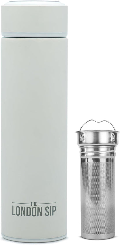London Sip 16.9 oz Multi-Purpose Tea Infuser Mug – Fruit Infuser Water Bottle for Hot and Cold – Double Wall Stainless Steel Insulated, Pearl White