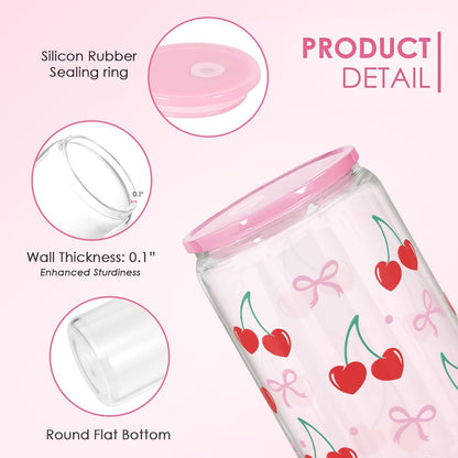 Cherry 16 Oz Can Glass Tumbler with Acrylic Lid and Straw - Iced Coffee Cups for Women, Aesthetic Glass Cup Gift for Birthday Christmas