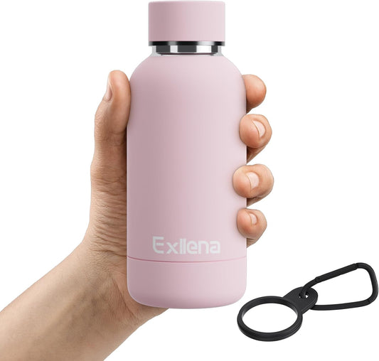 Small Water Bottle 12oz with Clip, Double Wall Stainless Steel Vacuum Small Insulated Water Bottle Keeps Drinks Cold 24 Hrs/Hot 12 Hrs for Kids Handbag School BPA Free (Pink)