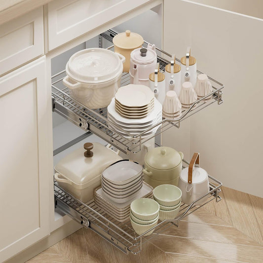 DINDON 2 Tier Pull Out Cabinet Organizer (20" W X 21" D), Double Tier Wire Basket Slide Out Shelf Storage for Kitchen Base Cabinet Organization for Kitchen, Pantry, Bathroom, Chrome