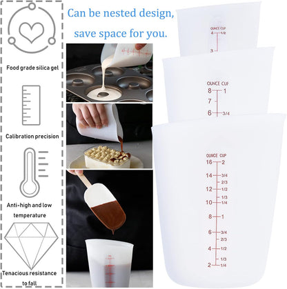 3 PCS Silicone Flexible Measuring Cups,Melting Cups for Epoxy Resin,Butter,Chocolate and More,2 Cup&1 Cup&1/2 Cup,Squeeze and Pour Silicone Measuring Cup with Marking Ounce/ML