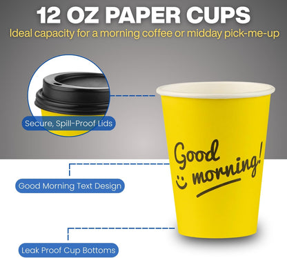 Smygoods Disposable Coffee Cups with Lids, To Go Paper Hot Cups, Good Morning Design (12 OZ, 100 Count) For Hot Beverages, Coffee, Tea, Espresso, Cocoa - Vasos Para Cafe