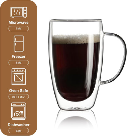 Aurzen 2 Pack Double Walled Glass Coffee Mugs with Handles, Large Insulated Layer Coffee Cups, 15oz Clear Borosilicate Mugs, Perfect for Cappuccino, Tea, Microwave Safe