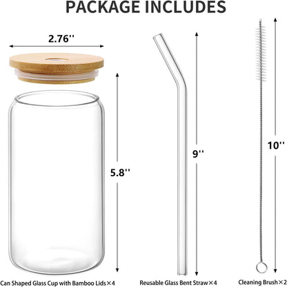 Glass Cups with Lid and Straw, 16oz Beer Glasses Glass Coffee Cups, Iced Coffee Cups with Lid, Glass Tumbler with Straw and Lid (4 PACK)