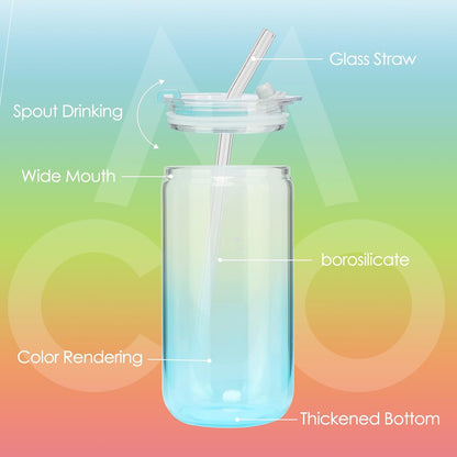 COMI 6pcs Glass Cups with Lids And Straws, Glass Tumbler for Iced Coffee, Drinking Glasses with Two Cleaning Brush,Glass Drinking Set
