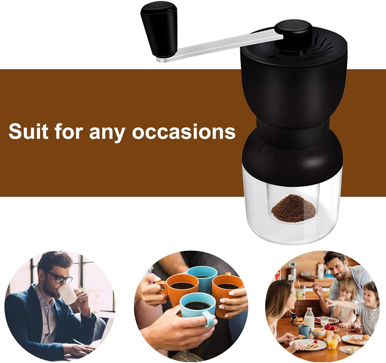 LHS Manual Coffee Grinder with Ceramic Burrs, Hand Coffee Bean Grinder with 2 Containers Adjustable Coarseness for Home, Office and Travelling