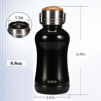 YOHKOH Mini Insulated Water Bottle With Bamboo Lid - 8.8oz Small Vacuum Insulated Water Bottle for Women Kids, 12 Hrs Hot & 24 Hrs Cold Stainless Steel Thermos Leak-Proof BPA-Free (8.8oz,Black)