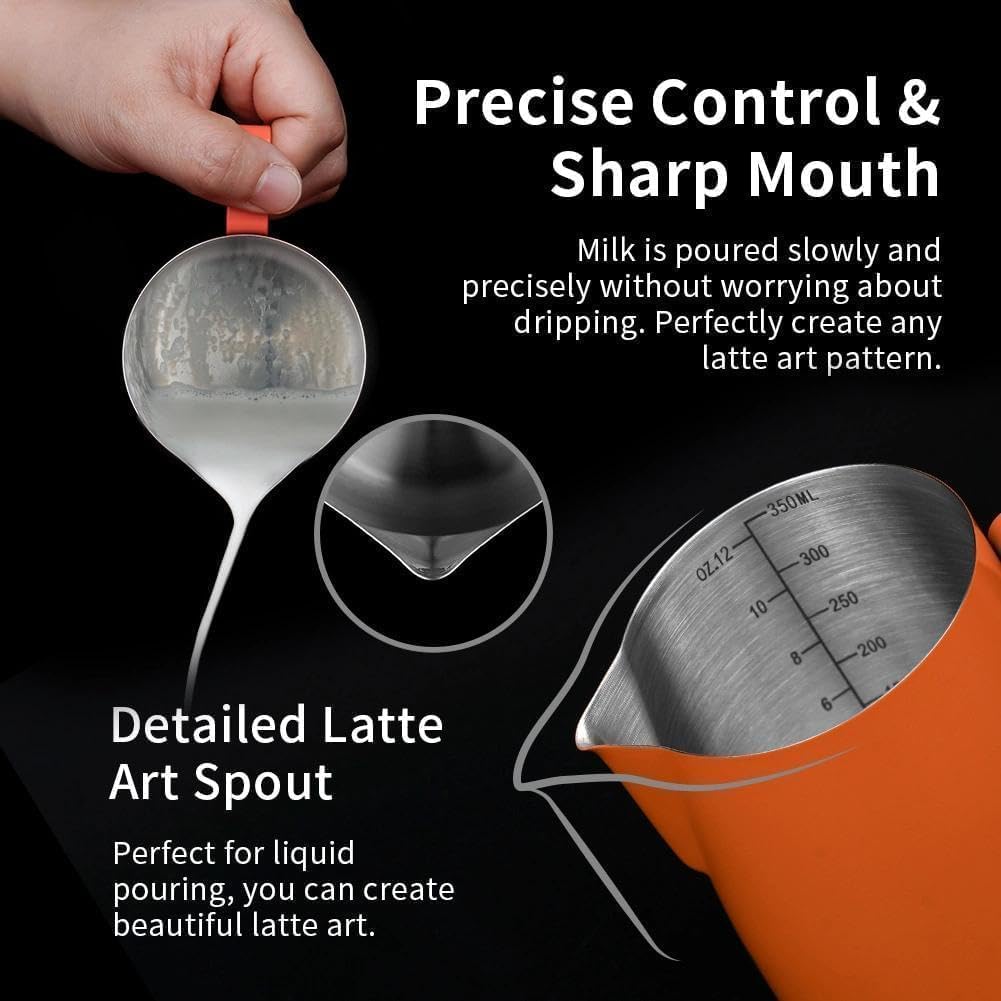 watchget Stainless Steel Milk Frothing Pitcher 12oz/350ml - Espresso Steaming Pitcher for Cappuccino, Latte Art, Coffee Machine Accessories Milk Jug Coffee Frother Cup, Orange