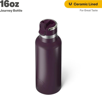RTIC 16oz Journey Bottle Metal Stainless Steel Vacuum Insulated, BPA Free, Reusable, for Water, Hot and Cold Drinks, Travel, Sports, Camping, Plum