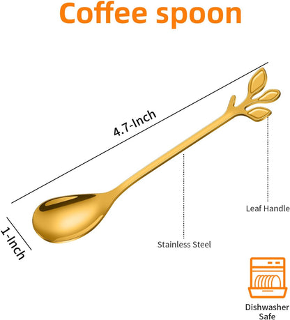 AnSaw Elegant Gold Leaf Coffee Spoons - 10-Piece, 4.7" Mini Stainless Steel Espresso & Dessert Tea Spoons, Perfect for Demitasse & Small Servings