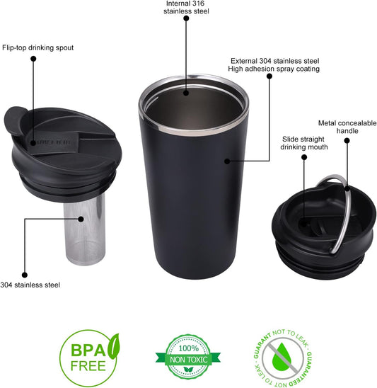 GiNT 17oz Travel Mug with Infuser and Two Lids. Vacuum Insulated 316 Stainless Steel Coffee Mug. Dishwasher Safe Mug with Tea Strainer for Hot and Cold Brew Coffee or Tea(Black)