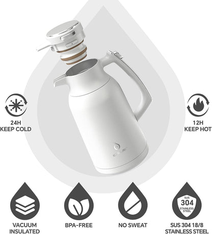 IDEUS Thermal Coffee Carafe 68oz (2,000ml), Stainless Steel Double Wall Insulated Vacuum Flask, Water Jug Coffee Server and Beverage Dispenser, Heat and Cold Retention (White-Silver, 68oz (2,000ml))
