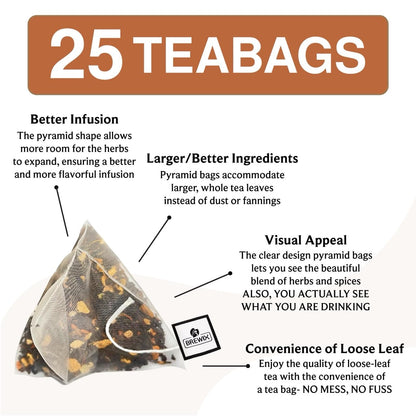 BREWIX, Masala Chai Tea Bags (25 Pyramid Tea Bags) Strong, Robust & Spicy - Pure Ingredients | Black Tea, Cinnamon, Ginger, Black Pepper, Cardamom & Cloves, Packed in Resealable Ziplock Pouch
