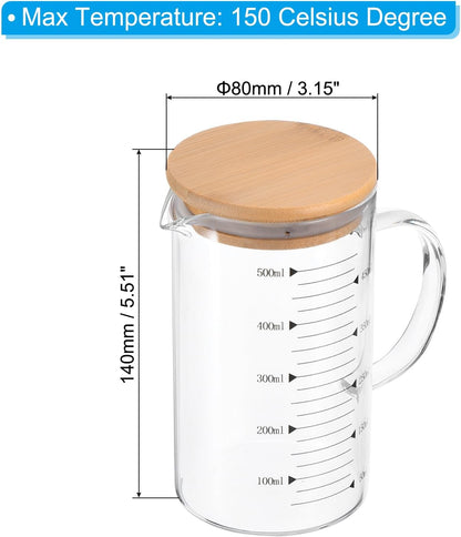 PATIKIL 500ml Glass Measuring Cup, 3.3 Borosilicate Glass Graduated Black Printed Scale Liquid Measure Cups Beaker with Wood Lid and V-Shaped Spout for Kitchen