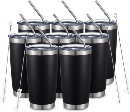 COMOOO 20oz/8Pack Black Tumbler Double Wall Vacuum Insulated Coffee Travel Mug Stainless Steel Tumbler with Lid and Straw Coffee Cup for Cold Drinks & Hot Beverage, Home and Outdoor (Black, 8 Pack)