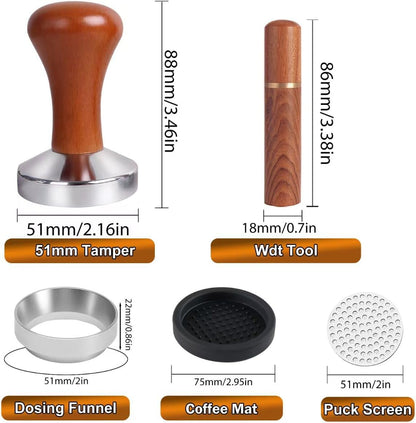 51mm Espresso Accessories Kit,Wdt Tool Espresso,Solid Espresso Tamper,Coffee Puck Screen and Dosing Funnel,Silicone Tamper Mat,0.4mm Stainless Steel 6pin Espresso Stirrer,Barista Tools Espresso Kit