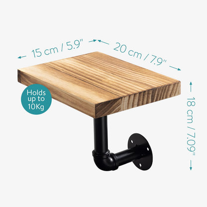 Navaris Industrial Pipe Shelf Set - 3 Small Wooden Shelves with Black Pipe Brackets - 5.9" x 7.9" Wall-Mounted Wood Shelving - Size S, Burnt Brown