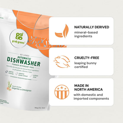 Grab Green Automatic Dishwashing Detergent Pods, 132 Count, Tangerine Lemongrass Scent, Plant and Mineral Based, Superior Cleaning, Powerful Grease Removal, Brilliant Shine