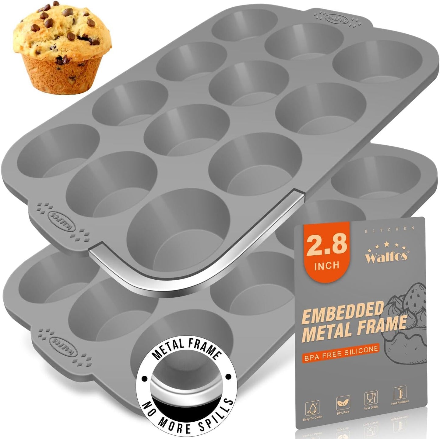Walfos Silicone Muffin Pan with Metal Frame, 2.8 Inch Regular Size Silicone Cupcake Pan Muffin Tin, Non-Stick 12 Cups Egg Bites Molds for Baking 2 Pack, BPA Free, Dishwasher Safe