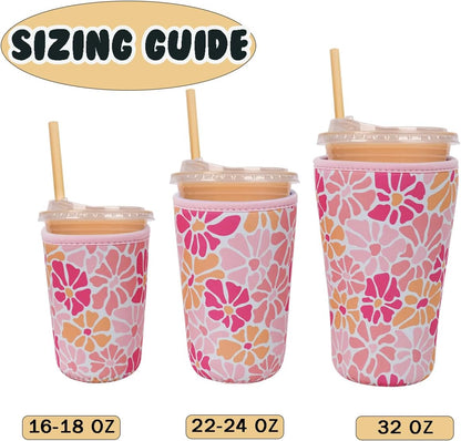 Reusable Insulated Neoprene Iced Coffee Cup Sleeve, Durable Drink Sleeve for Cold Beverages, Beverage Holder for Iced Coffee, Blush Petals